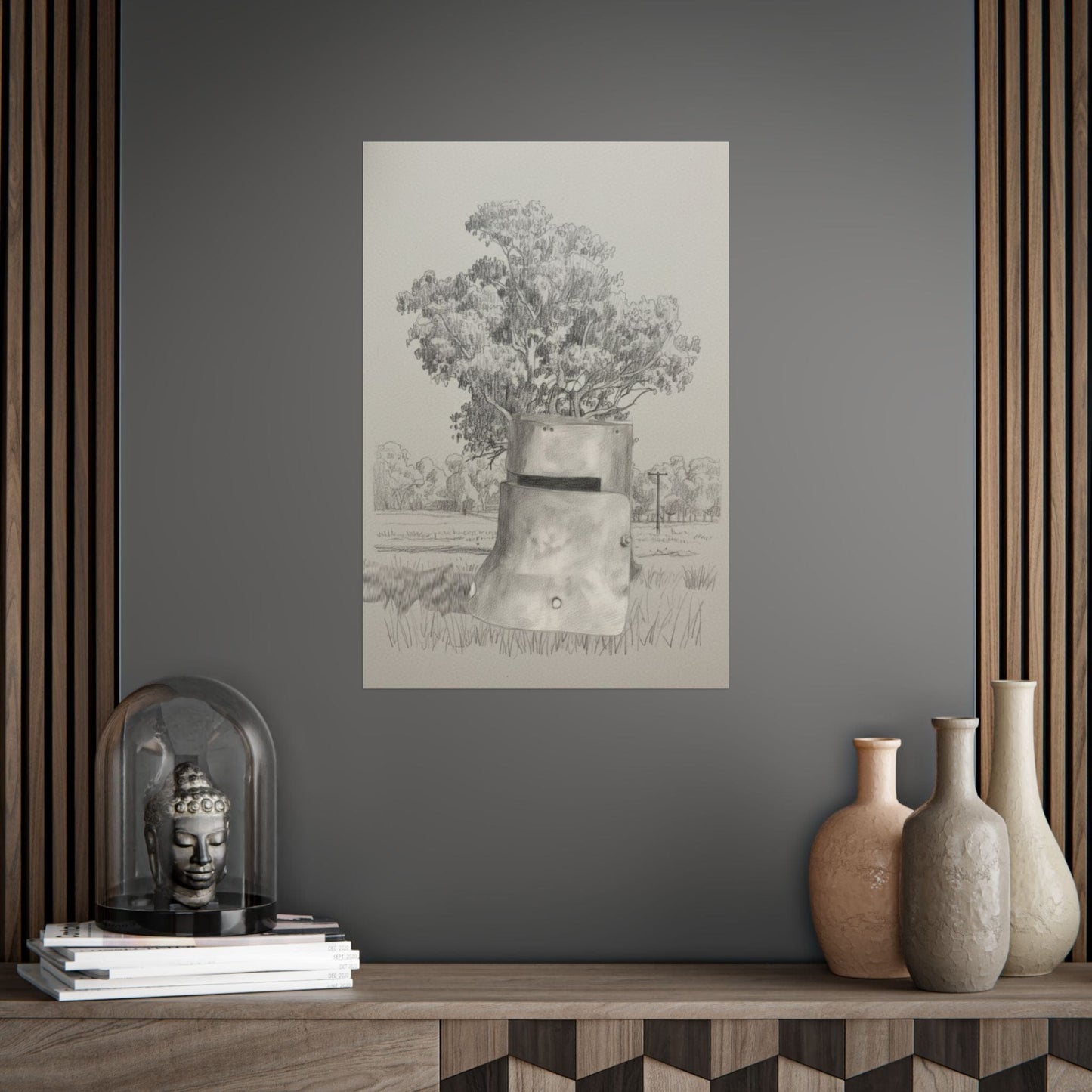 Ned Kelly Helmet & Ghost Gum – Australian Outback Pencil Sketch Poster - That Should Be on a T-Shirt