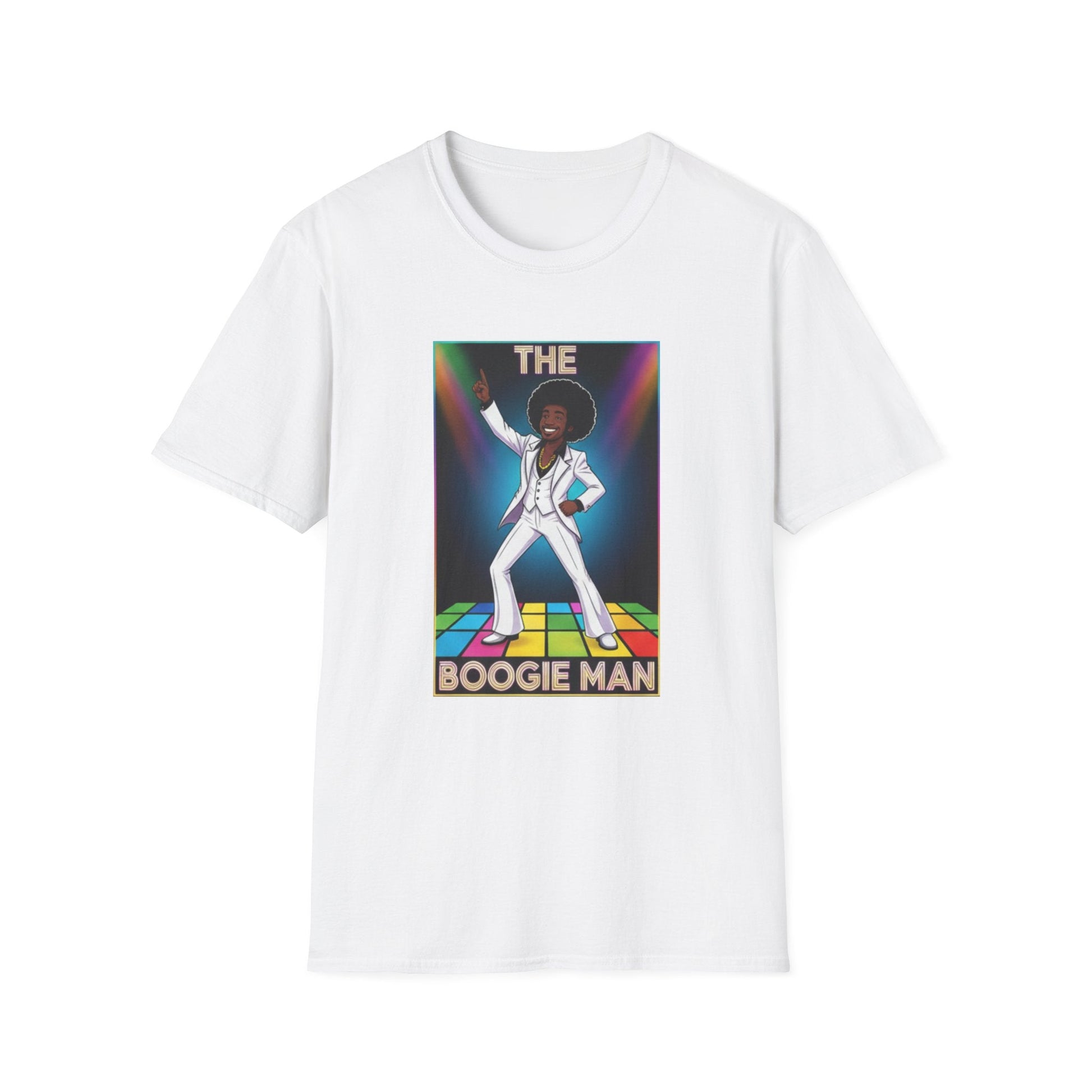 White t-shirt with a graphic of a person dancing and the text 'The Boogie Man' on a white background