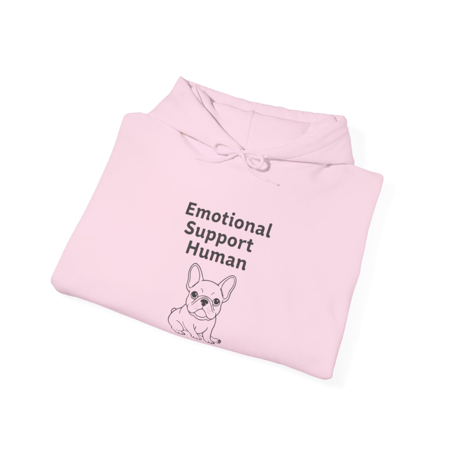 Pink hoodie with 'Emotional Support Human' text and dog illustration on a white background