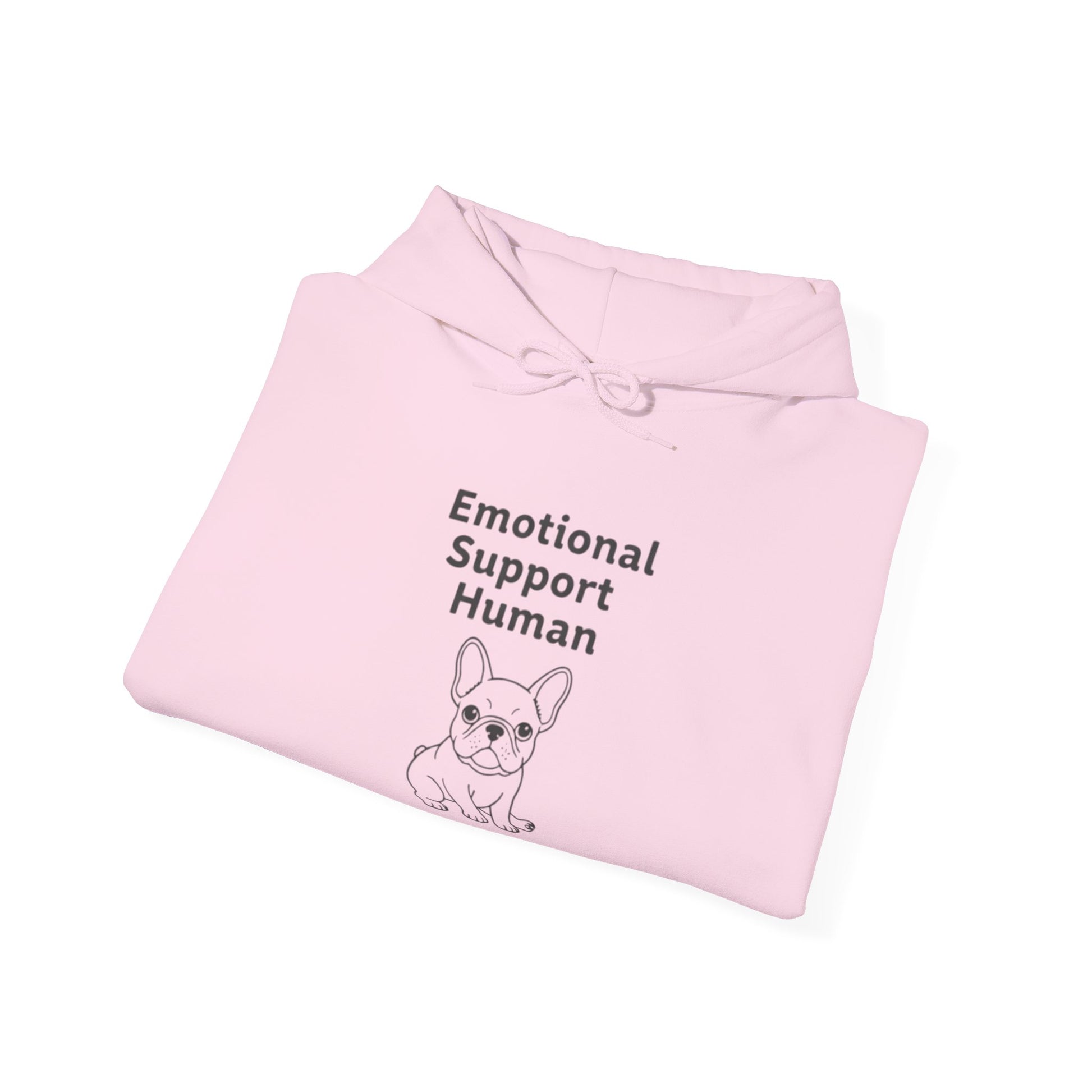 Pink hoodie with 'Emotional Support Human' text and dog illustration on a white background