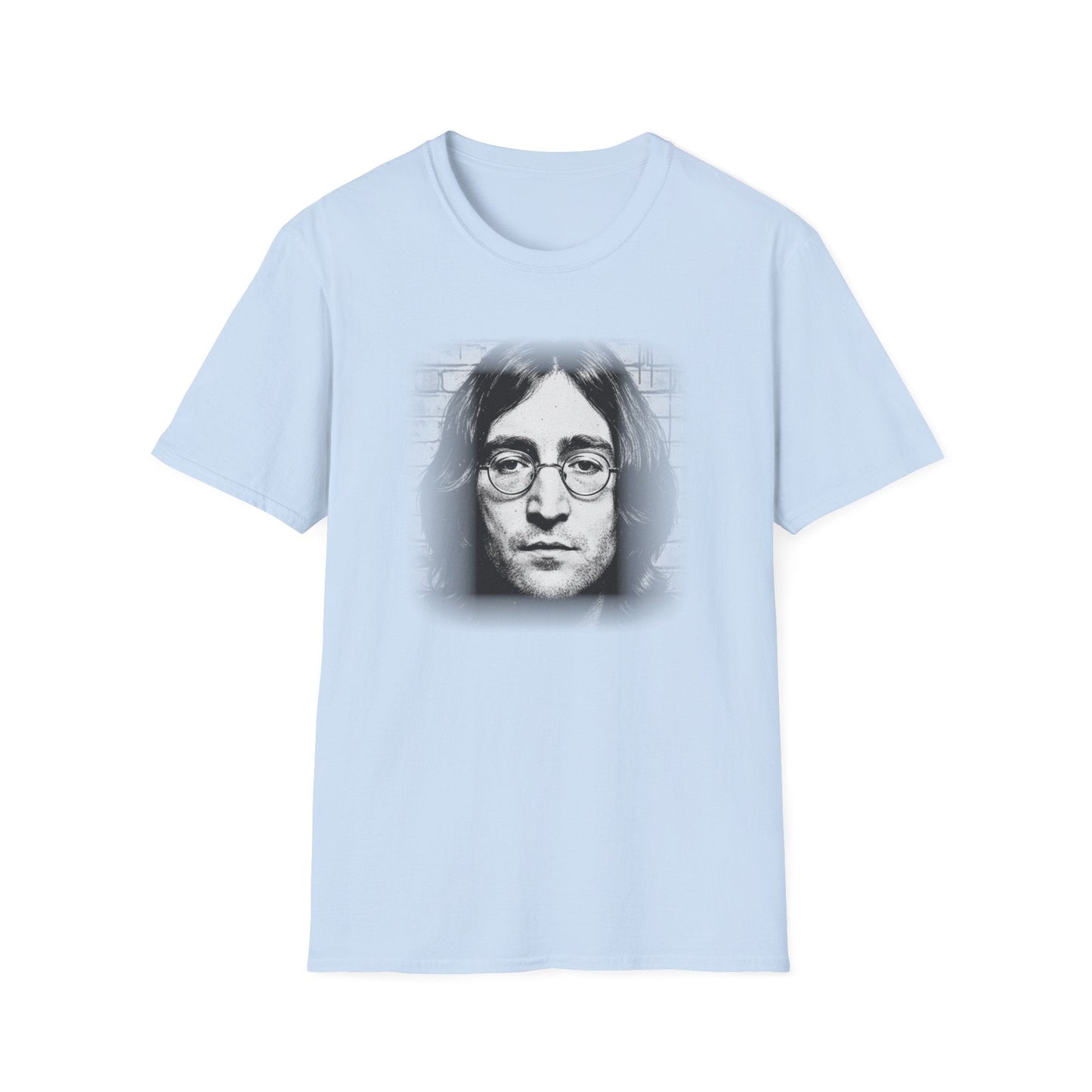 Light blue t-shirt with a graphic of a John Lennon on a white background