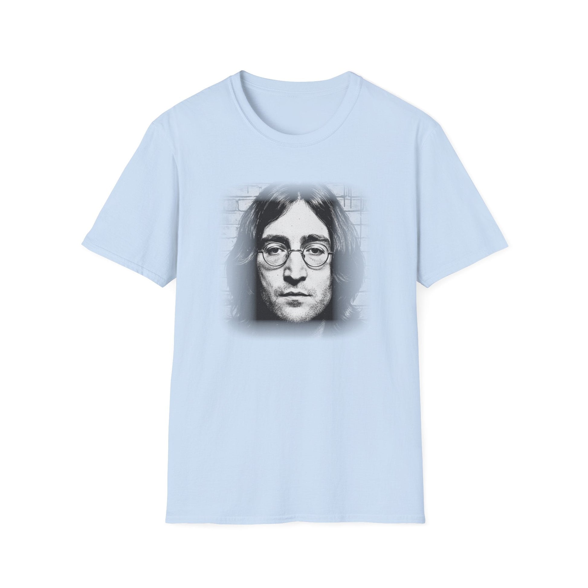 Light blue t-shirt with a graphic of a John Lennon on a white background