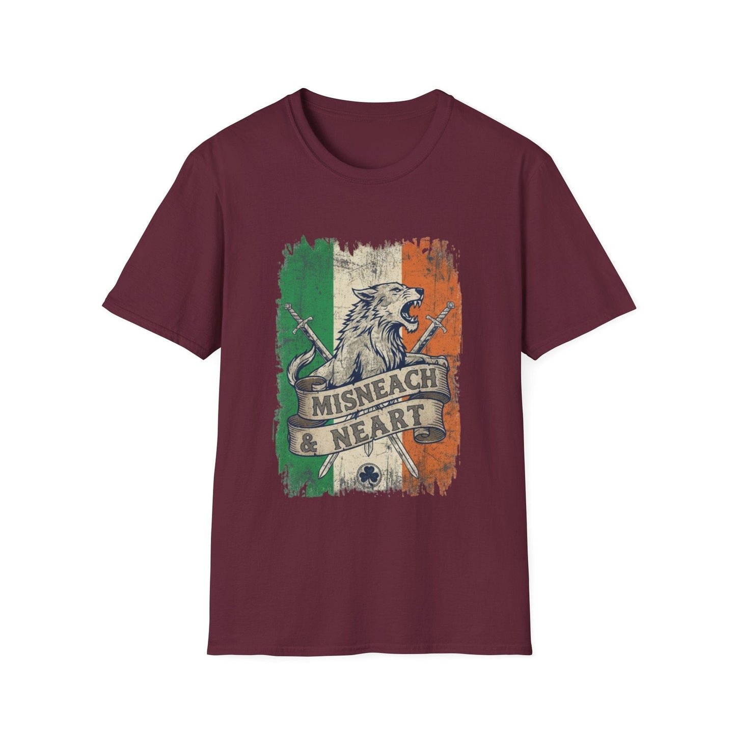Irish Wolf Misneach & Neart T-Shirt - Distressed Ireland Flag Graphic Tee
Product Description
