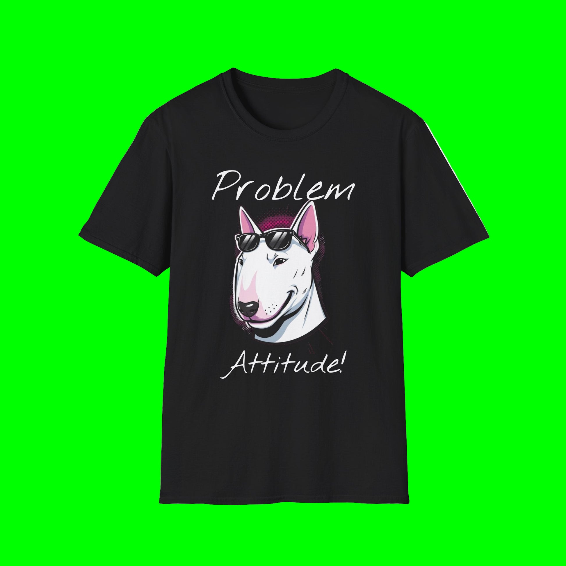 Black t-shirt with a graphic of a dog wearing sunglasses and text 'Problem Attitude!' on a white background