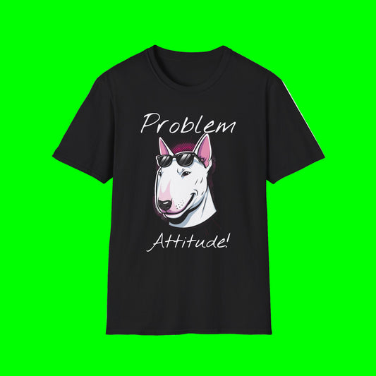 Black t-shirt with a graphic of a dog wearing sunglasses and text 'Problem Attitude!' on a white background