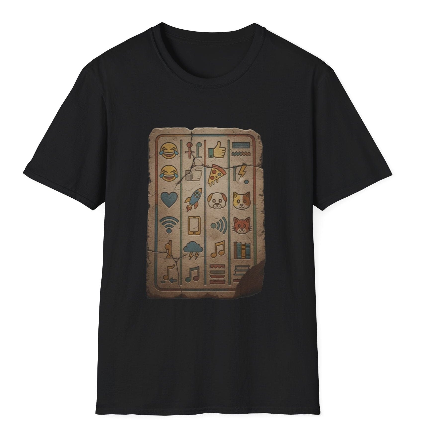Black t-shirt with a graphic hieroglyphics design on a white background