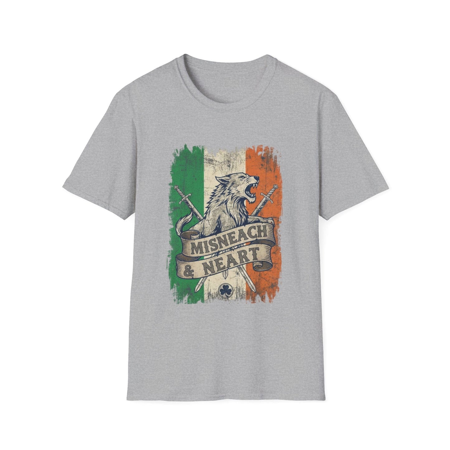 Irish Wolf Misneach & Neart T-Shirt - Distressed Ireland Flag Graphic Tee
Product Description