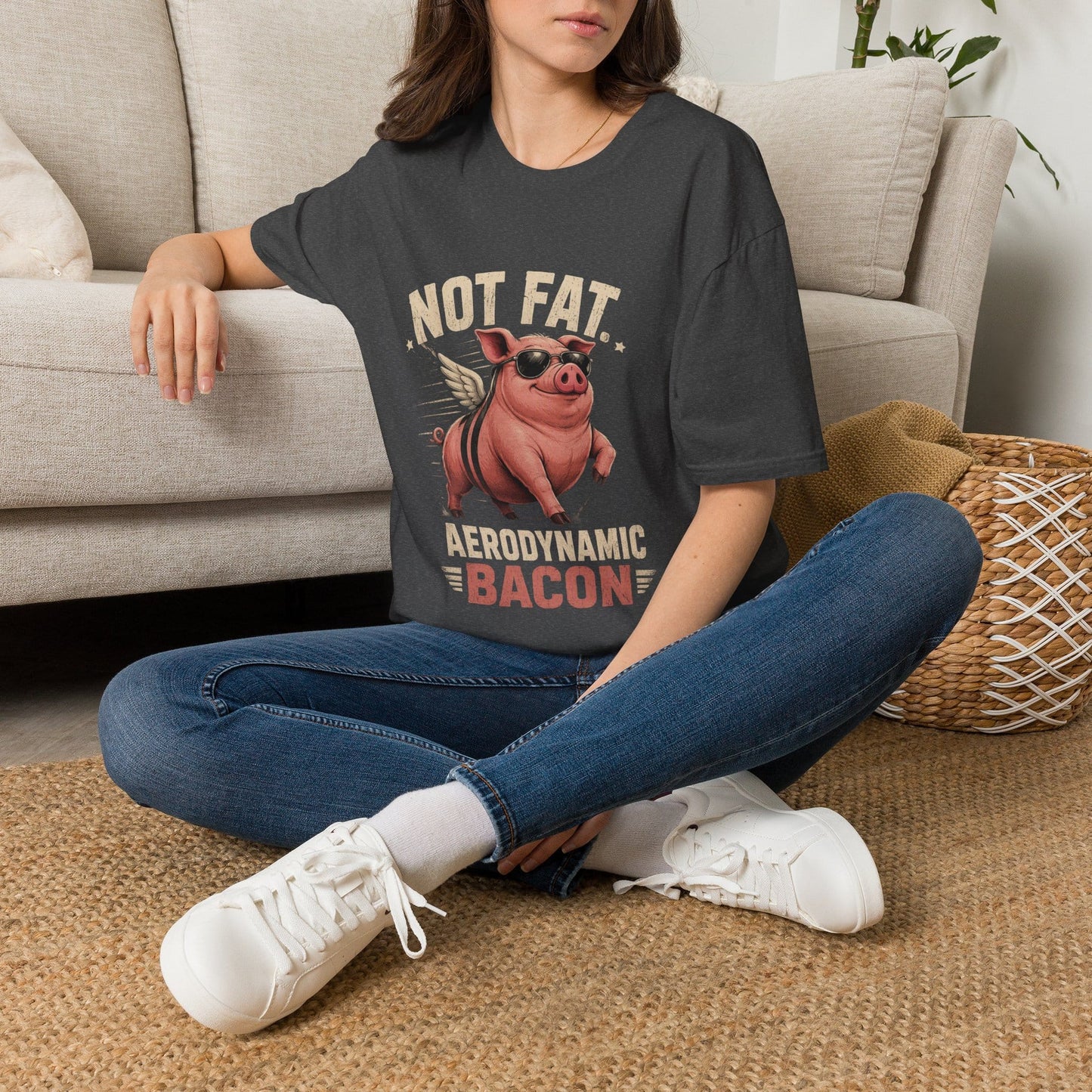Not Fat, Aerodynamic Bacon T-Shirt — Funny Flying Pig Graphic Tee