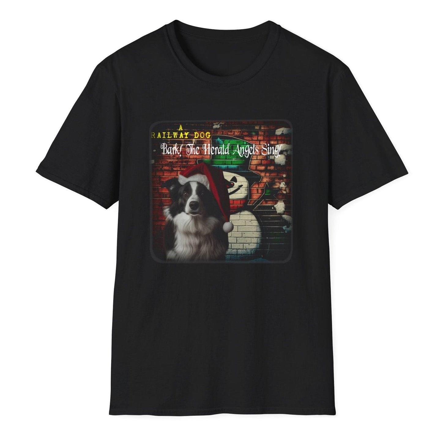 Black t-shirt with a graphic of a dog wearing a Santa hat on a white background
