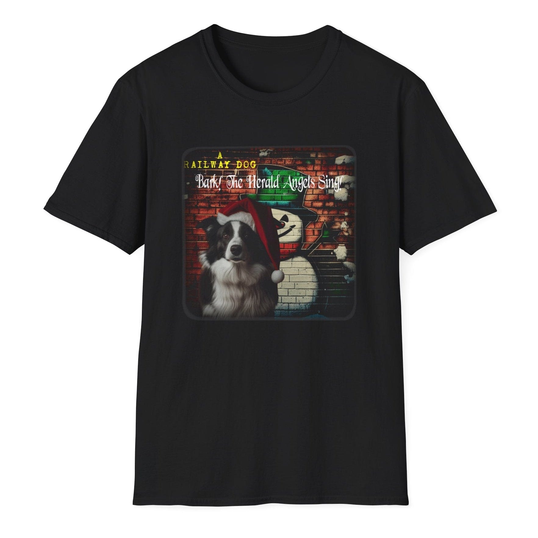 Black t-shirt with a graphic of a dog wearing a Santa hat on a white background