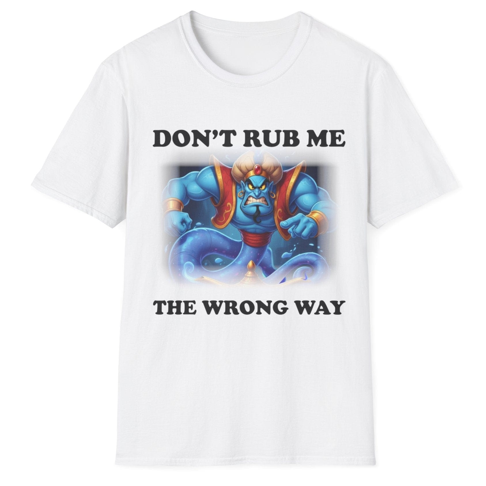 White t-shirt with cartoon character and text 'Don't Rub Me The Wrong Way' on a white background