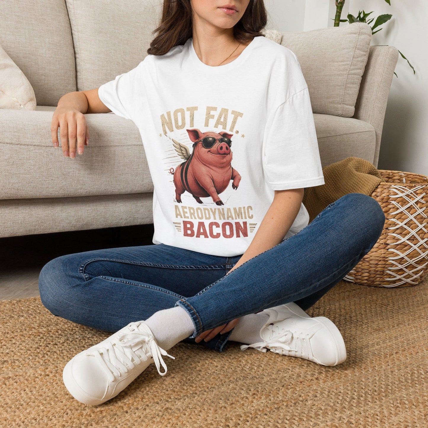 Not Fat, Aerodynamic Bacon T-Shirt — Funny Flying Pig Graphic Tee