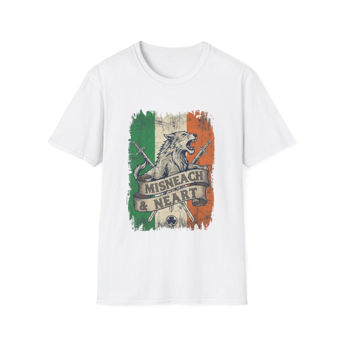 Irish Wolf Misneach & Neart T-Shirt - Distressed Ireland Flag Graphic Tee
Product Description