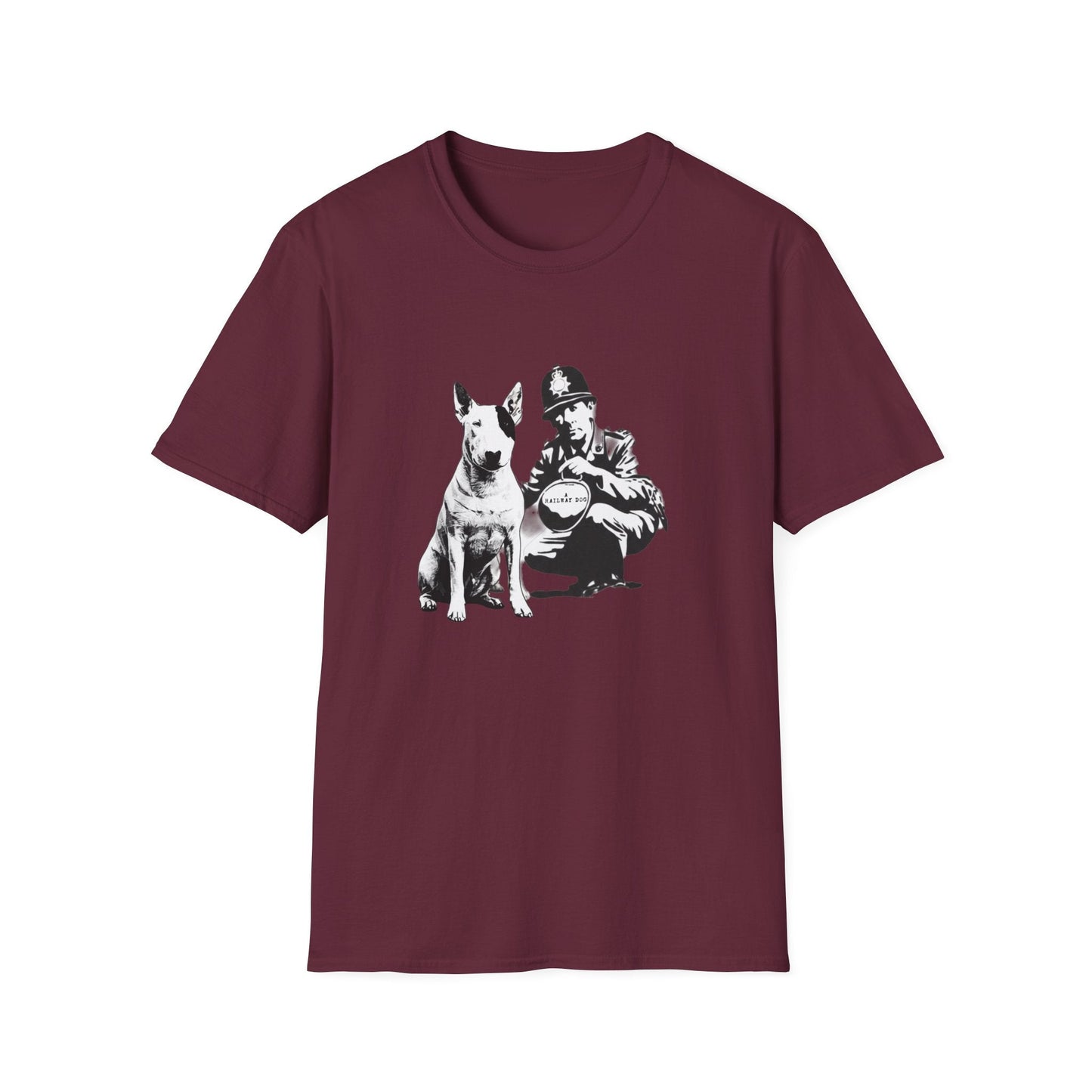 Black unisex dog lover T-shirt with vintage dog graphic worn by model outdoors
