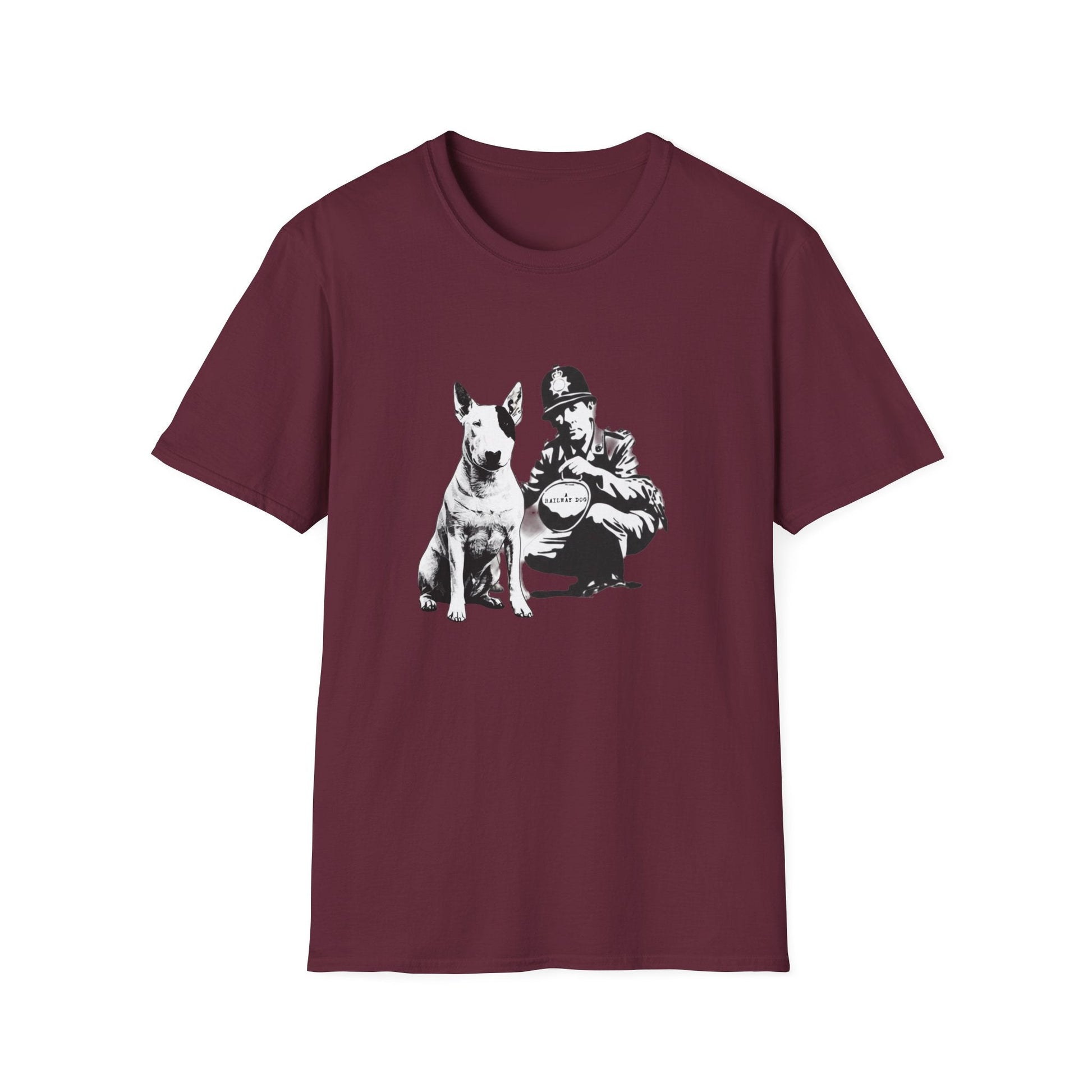 Black unisex dog lover T-shirt with vintage dog graphic worn by model outdoors
