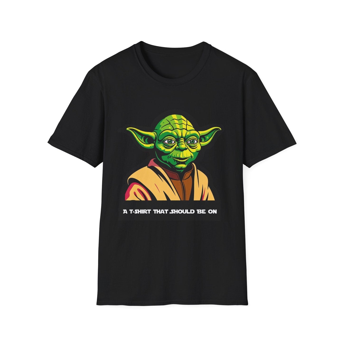 Black t-shirt with Yoda graphic and text on a white background