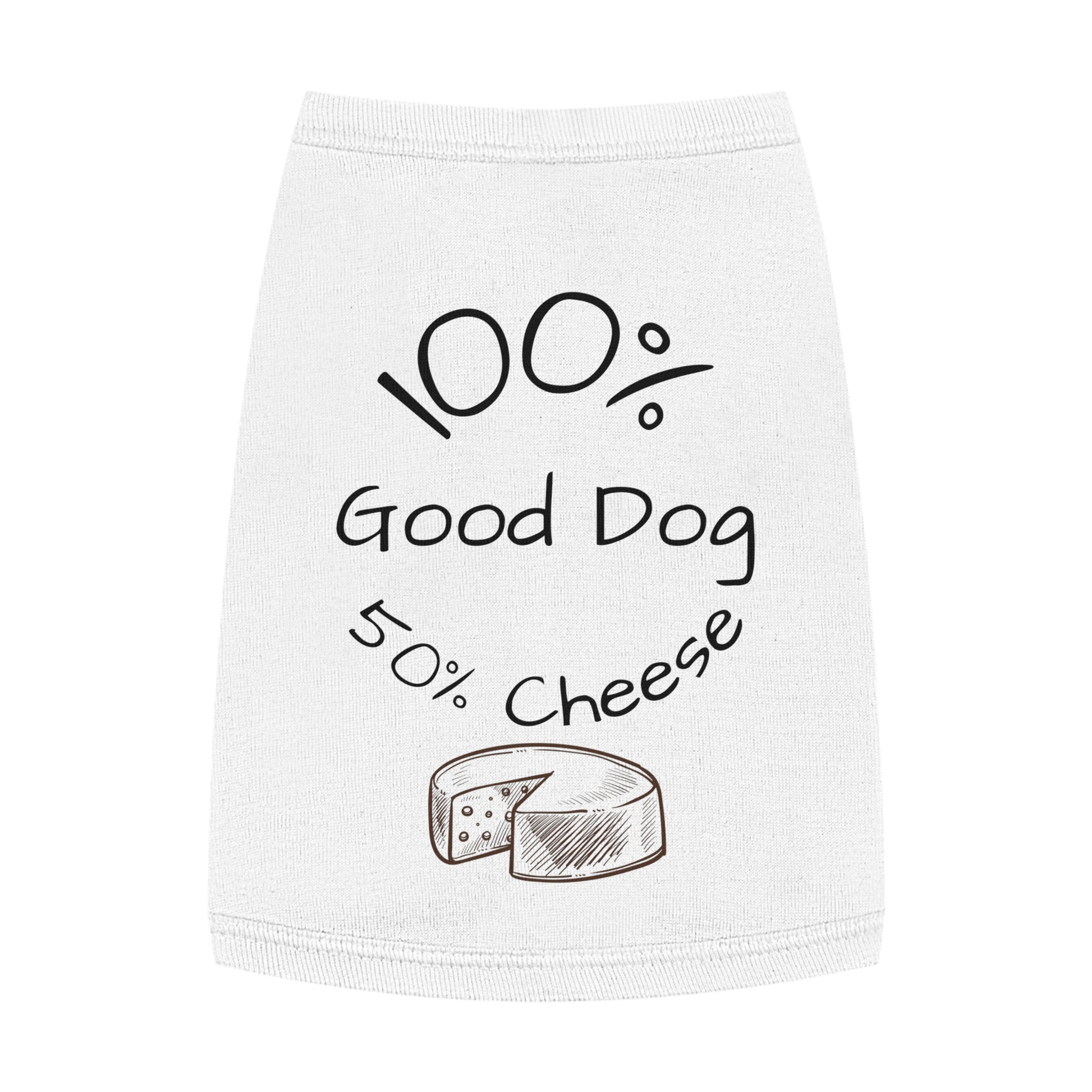 White towel with '100% Good Dog, 50% Cheese' text and cheese illustration on a white background