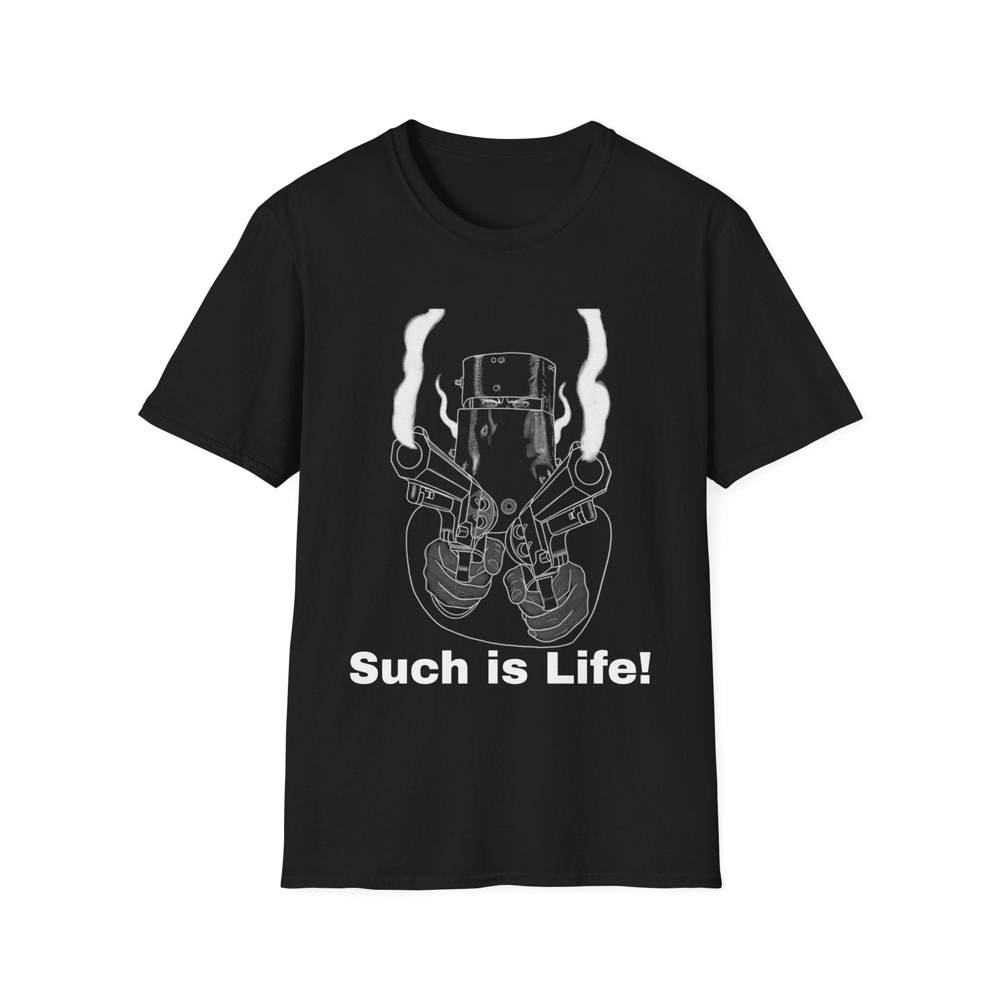 Black t-shirt with a Ned Kelly graphic design and 'Such is Life!' text on a white background