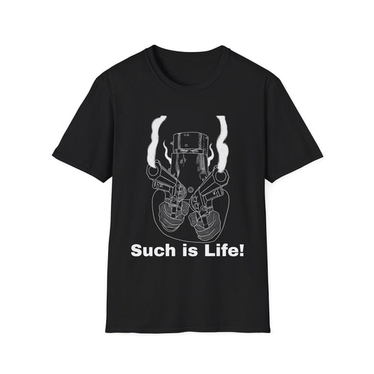 Black t-shirt with a Ned Kelly graphic design and 'Such is Life!' text on a white background