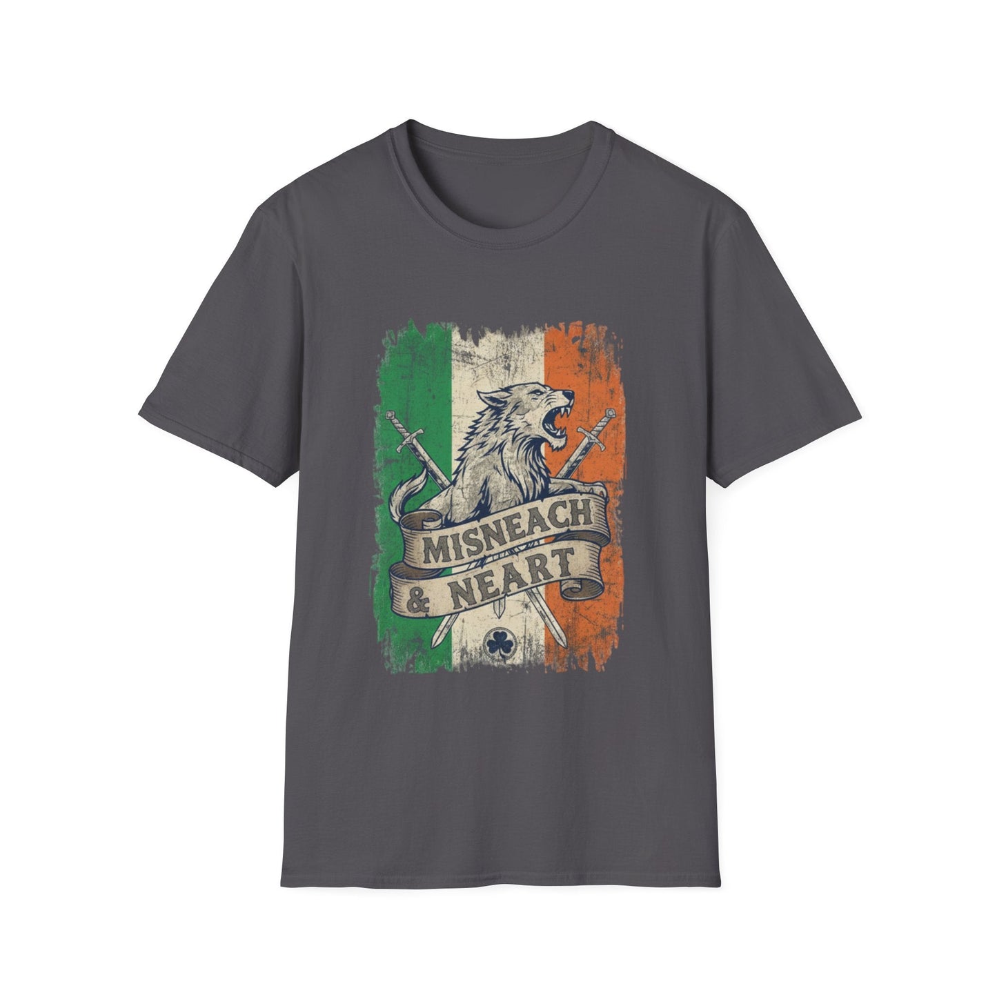 Irish Wolf Misneach & Neart T-Shirt - Distressed Ireland Flag Graphic Tee
Product Description