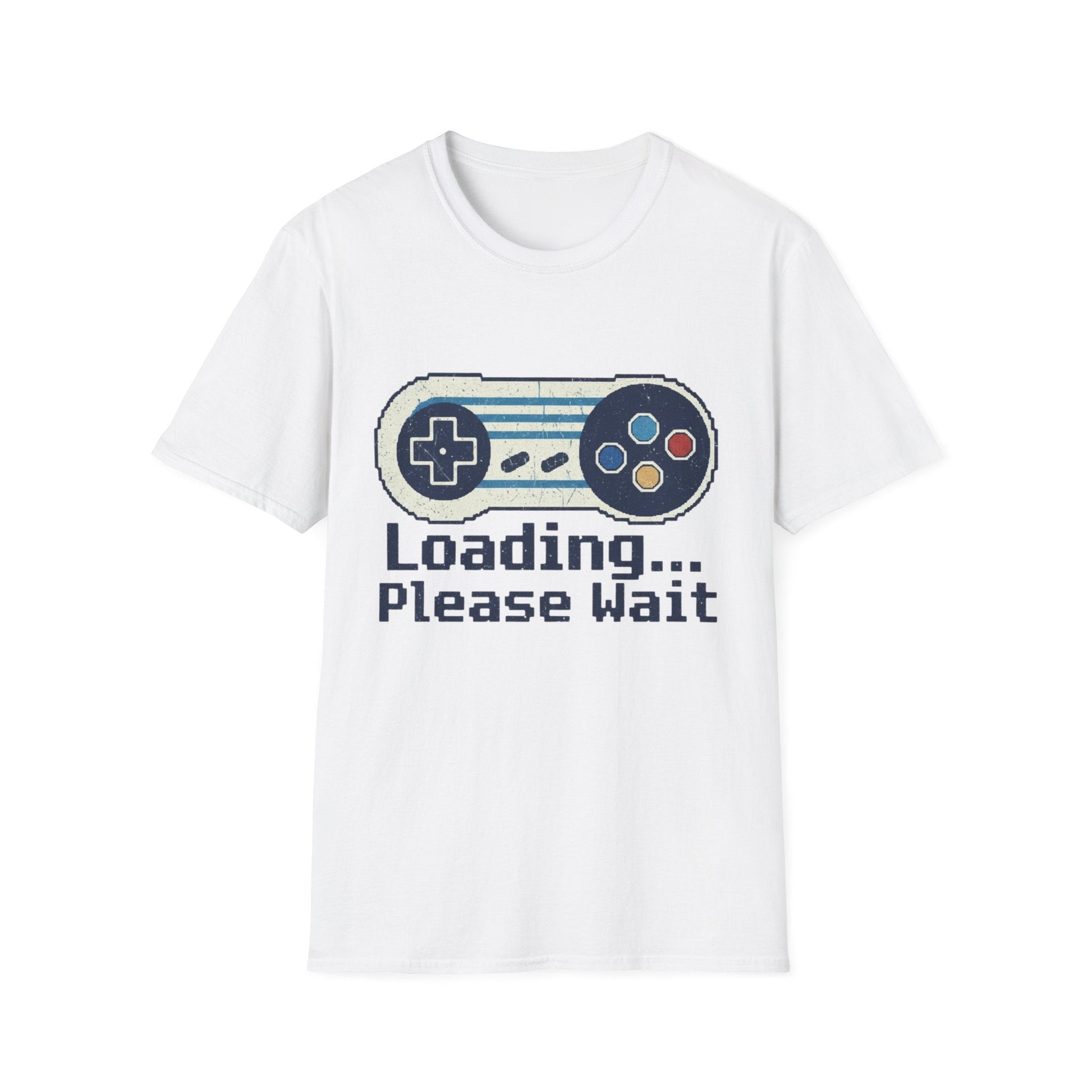White t-shirt with a graphic of a vintage video game controller and text 'Loading... Please Wait' on a white background.