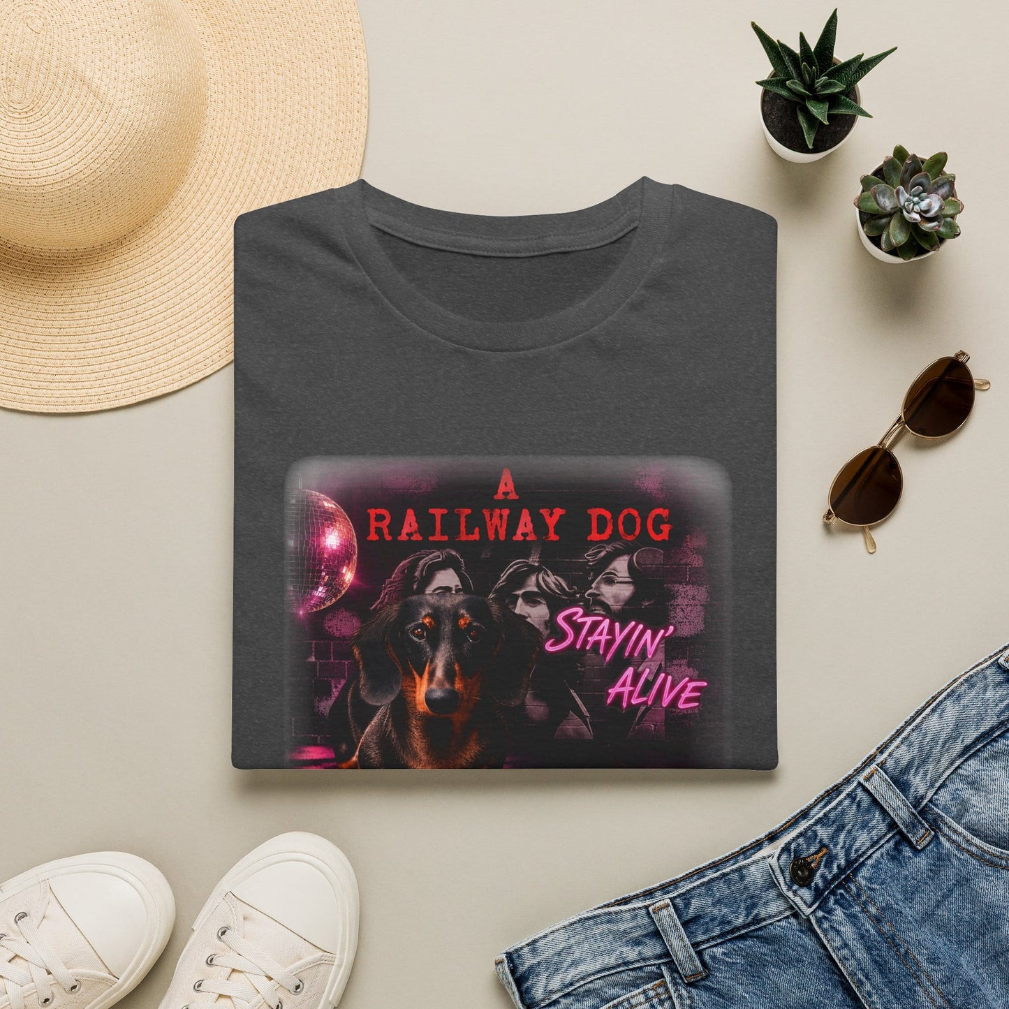 Dachshund Railway Dog Stayin' Alive T-Shirt | Retro Band Graphic Tee