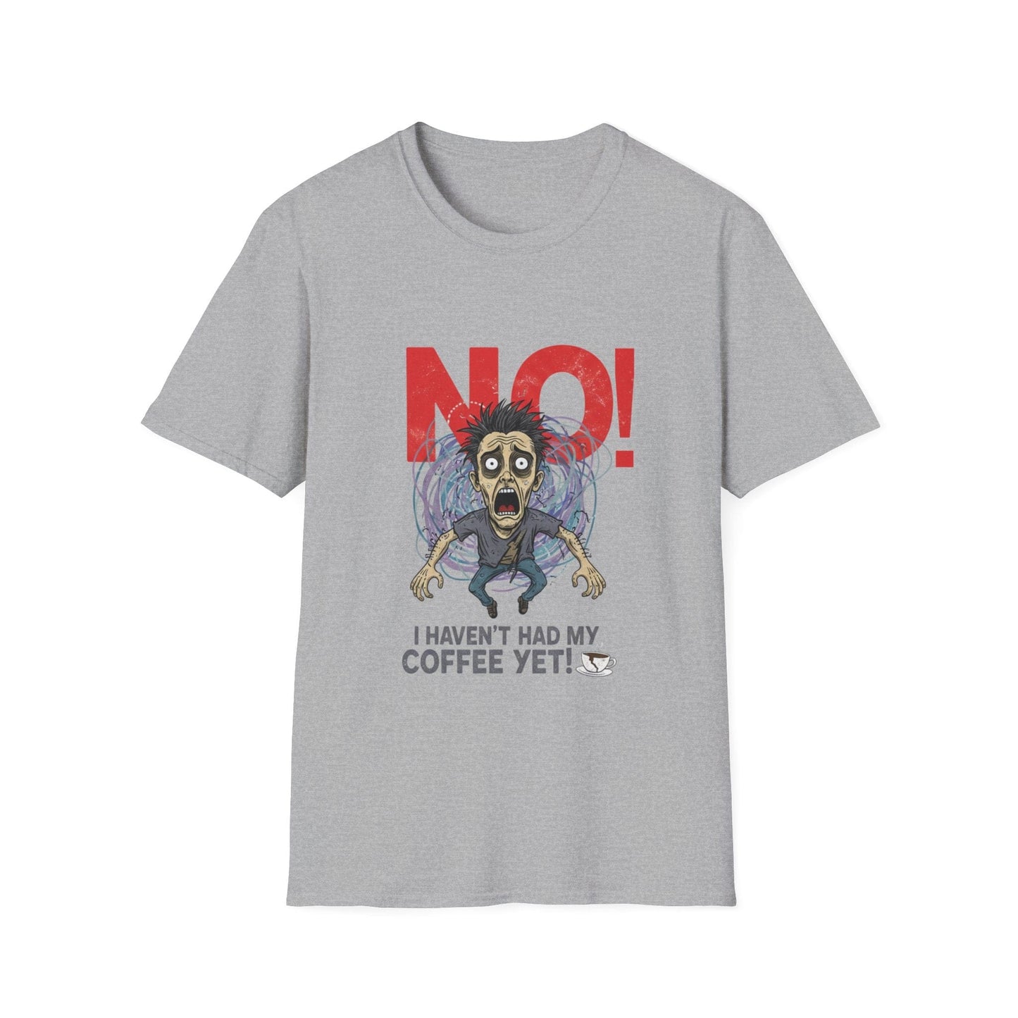 Gray t-shirt with a cartoon character and 'NO! I haven't had my coffee yet!' text on a white background