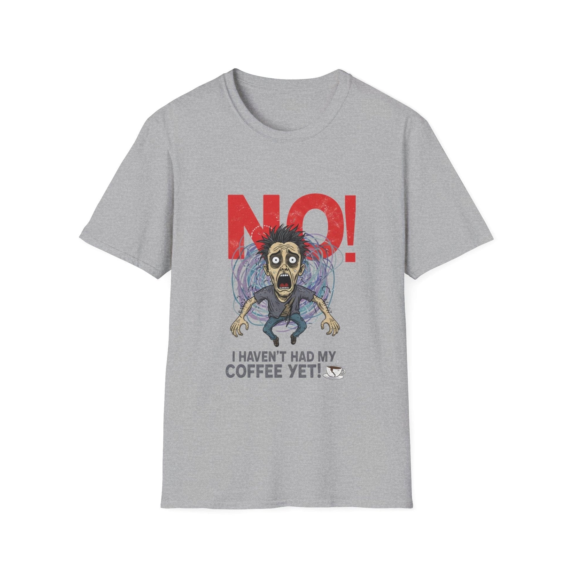 Gray t-shirt with a cartoon character and 'NO! I haven't had my coffee yet!' text on a white background