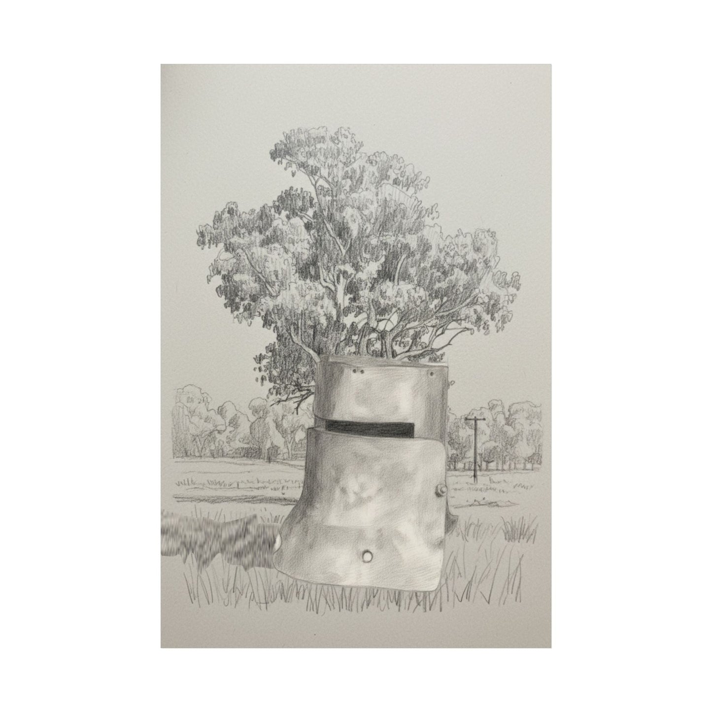 Ned Kelly Helmet & Ghost Gum – Australian Outback Pencil Sketch Poster - That Should Be on a T-Shirt