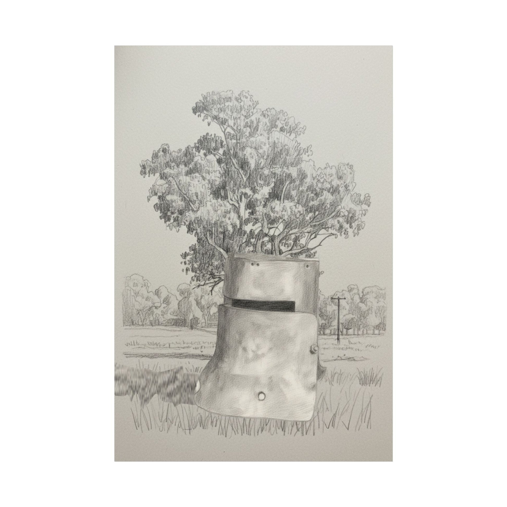 Ned Kelly Helmet & Ghost Gum – Australian Outback Pencil Sketch Poster - That Should Be on a T-Shirt