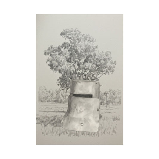 Ned Kelly Helmet & Ghost Gum – Australian Outback Pencil Sketch Poster - That Should Be on a T-Shirt