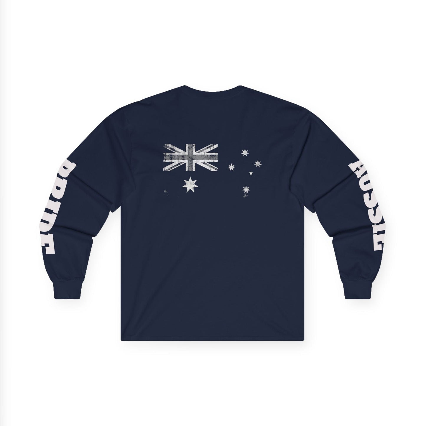 Navy blue long-sleeve shirt with Australian flag design on a white background