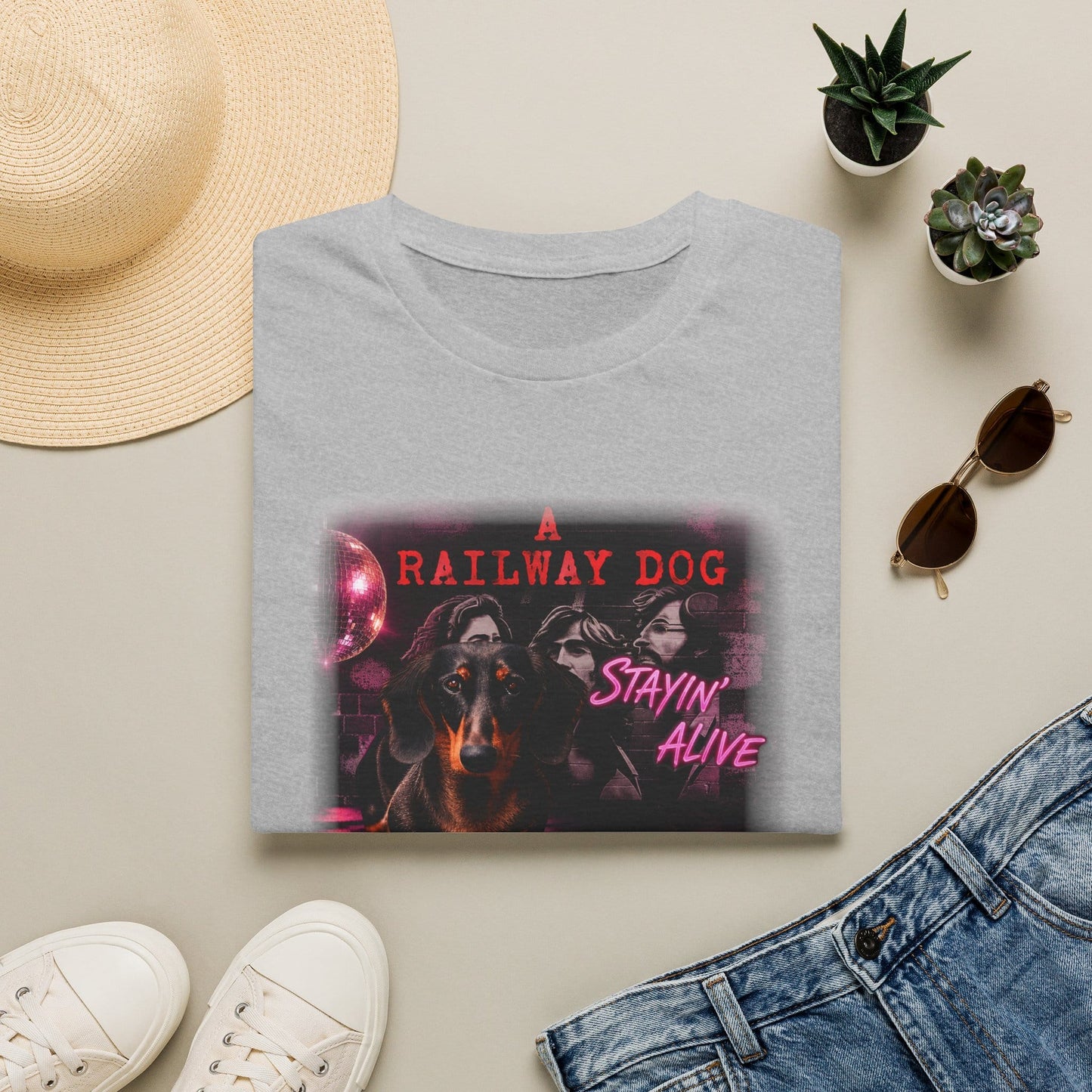 Dachshund Railway Dog Stayin' Alive T-Shirt | Retro Band Graphic Tee