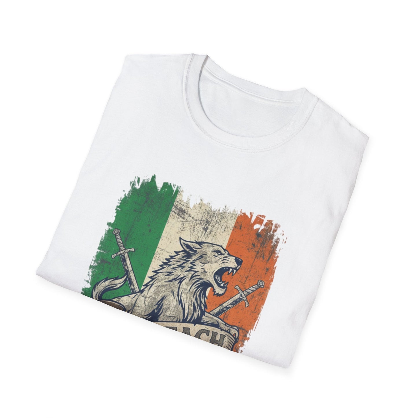 Irish Wolf Misneach & Neart T-Shirt - Distressed Ireland Flag Graphic Tee
Product Description