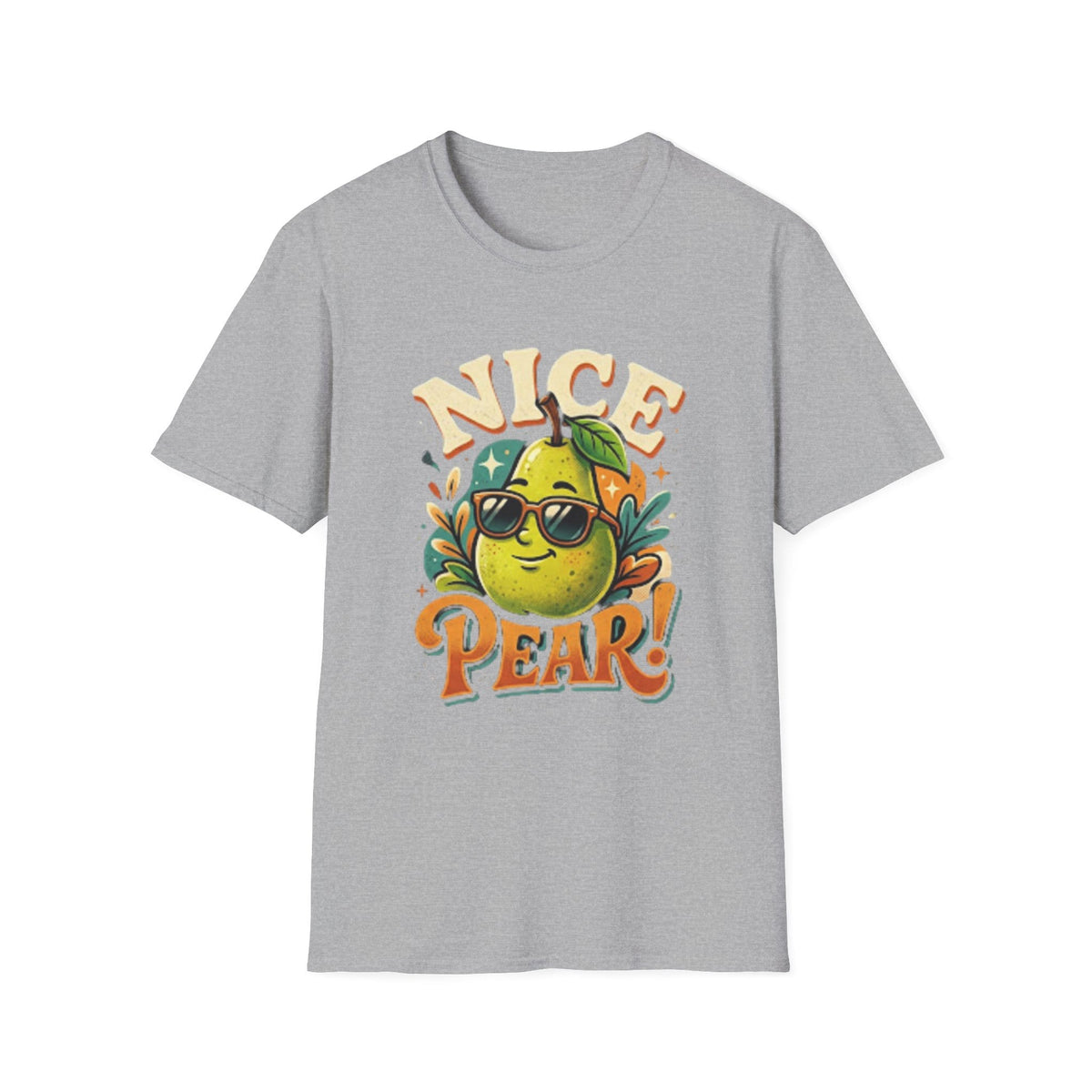 A light gray heather crewneck t-shirt featuring a colorful graphic of a cartoon pear wearing sunglasses with the text 'NICE PEAR!' in orange and cream.