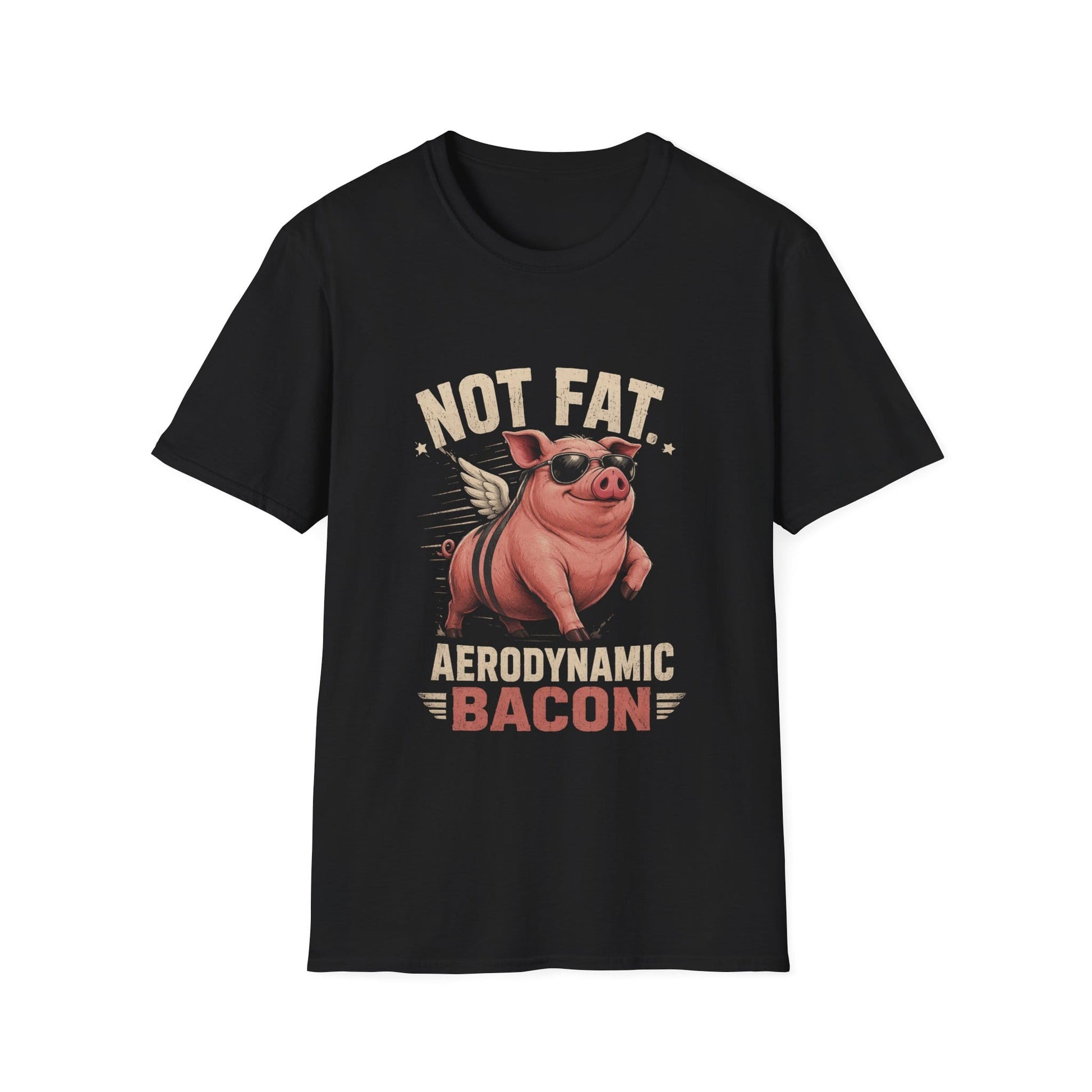Funny flying pig t-shirt featuring Not Fat Aerodynamic Bacon pig graphic with sunglasses and wings