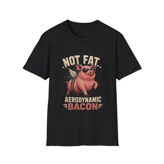 Funny flying pig t-shirt featuring Not Fat Aerodynamic Bacon pig graphic with sunglasses and wings