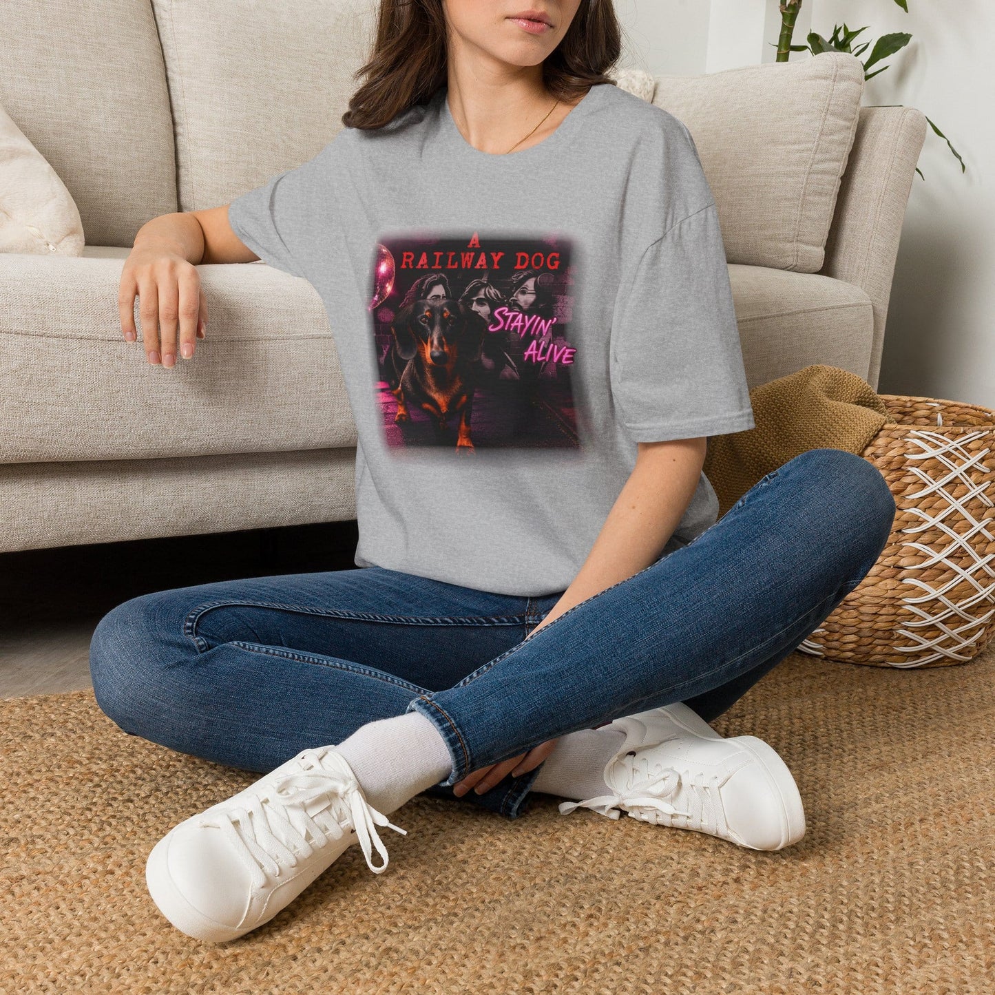 Dachshund Railway Dog Stayin' Alive T-Shirt | Retro Band Graphic Tee