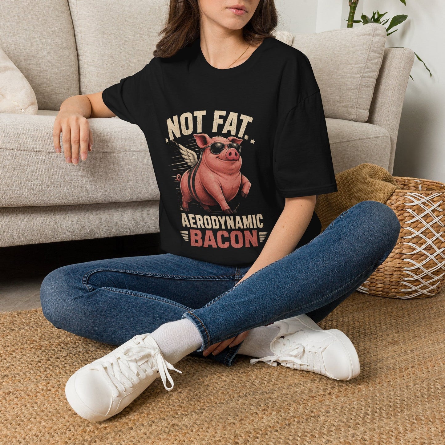 Not Fat, Aerodynamic Bacon T-Shirt — Funny Flying Pig Graphic Tee