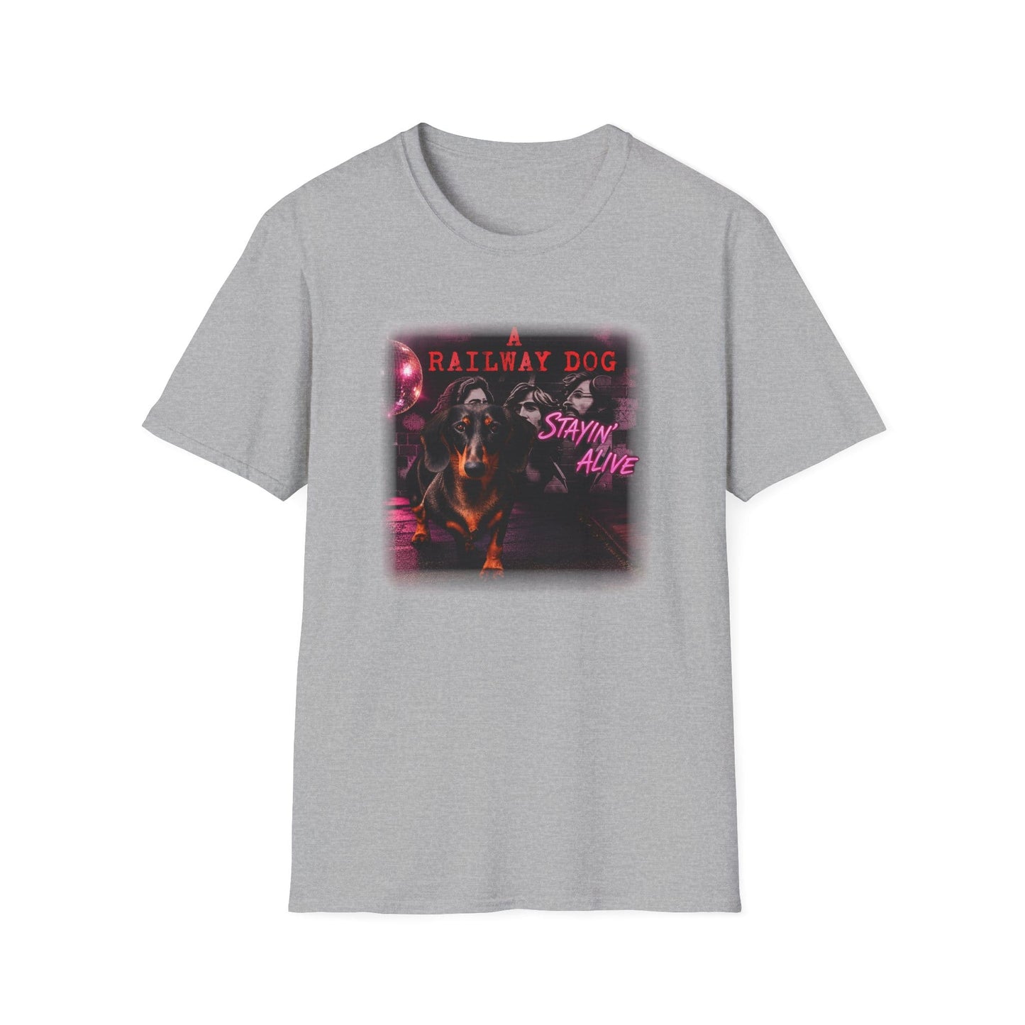 Dachshund Railway Dog Stayin' Alive T-Shirt | Retro Band Graphic Tee
