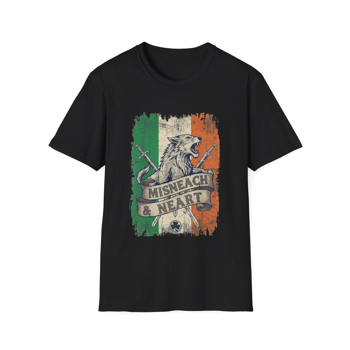 Irish Wolf Misneach & Neart T-Shirt - Distressed Ireland Flag Graphic Tee
Product Description