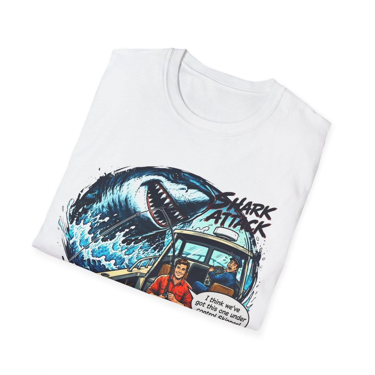 Shark Attack Fishing Graphic T-Shirt | Retro Boat Comic Humor Tee
