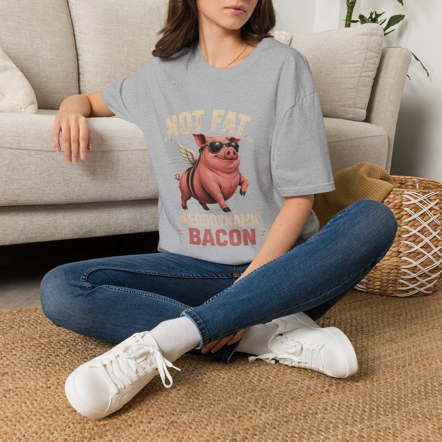 Not Fat, Aerodynamic Bacon T-Shirt — Funny Flying Pig Graphic Tee