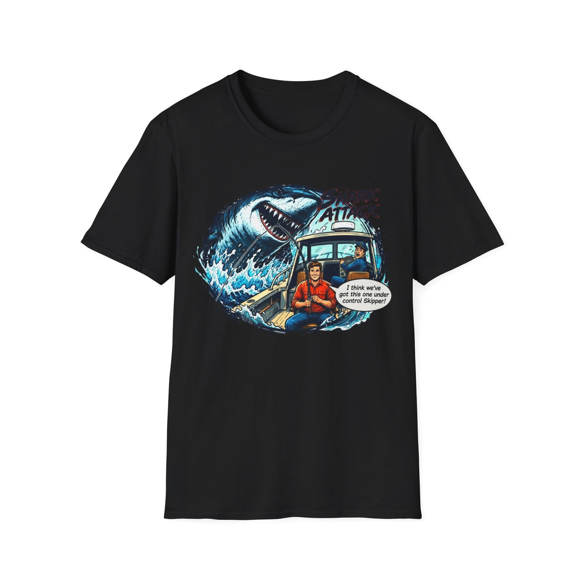 Shark Attack Fishing Graphic T-Shirt | Retro Boat Comic Humor Tee