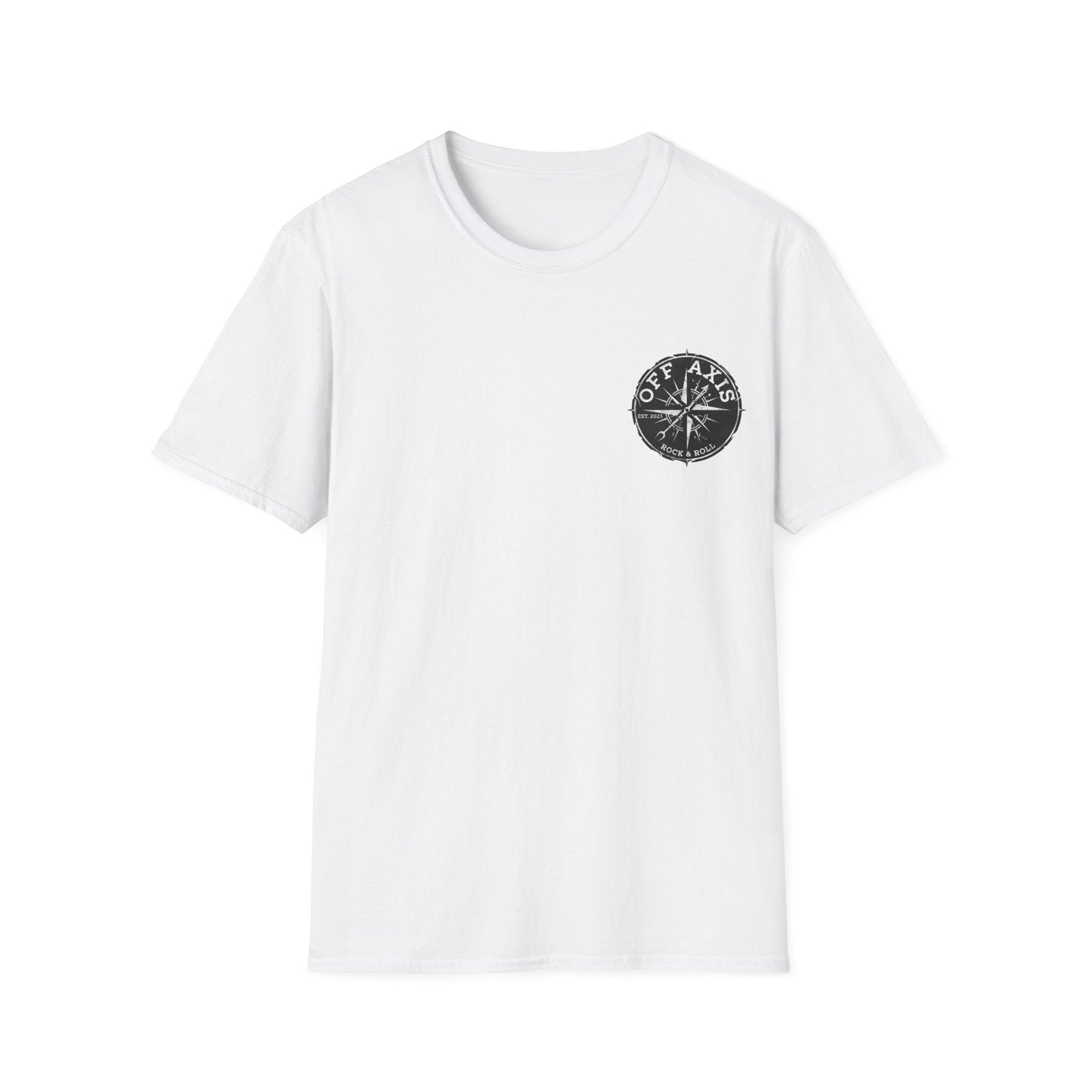 White t-shirt with a black compass design on a white background