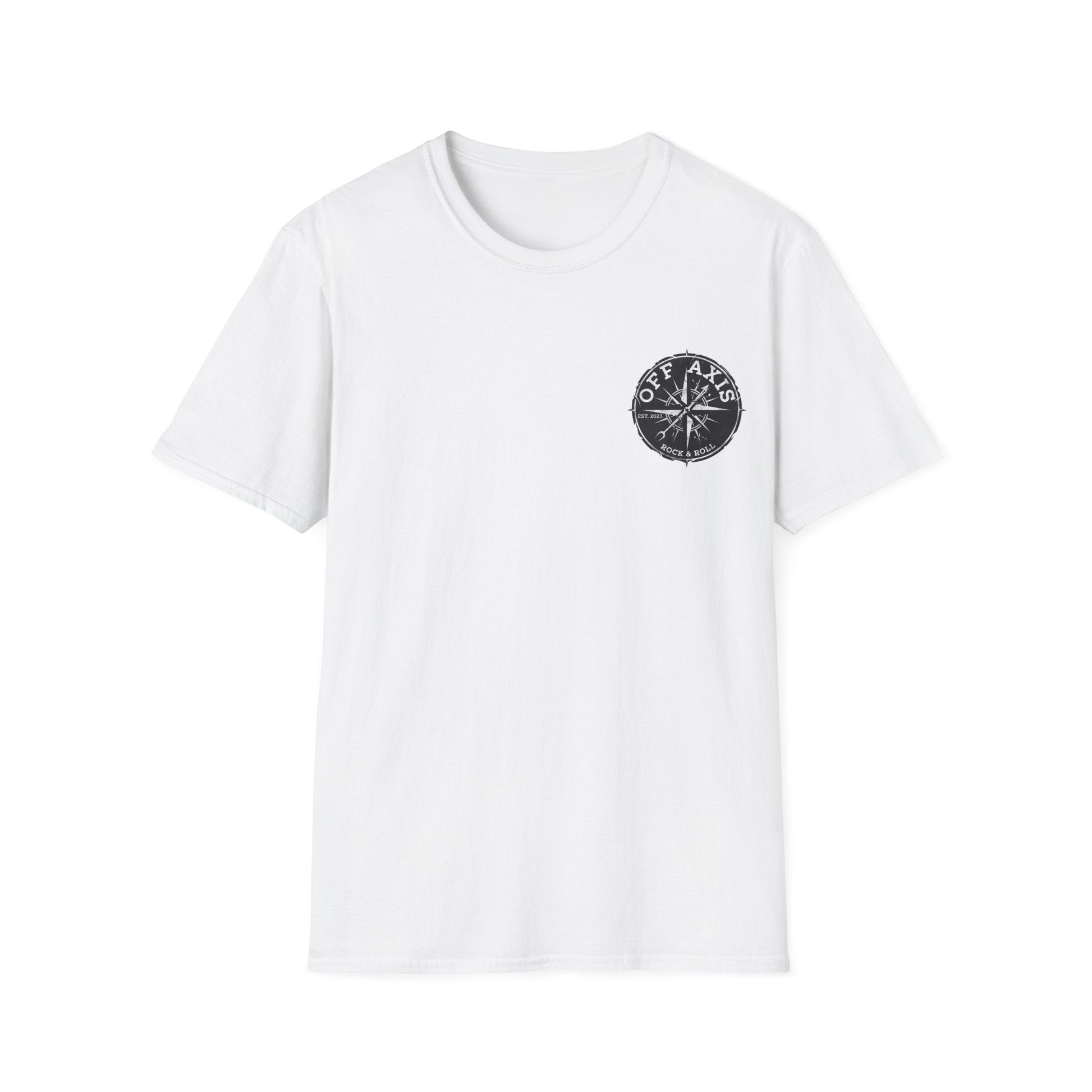 White t-shirt with a black compass design on a white background