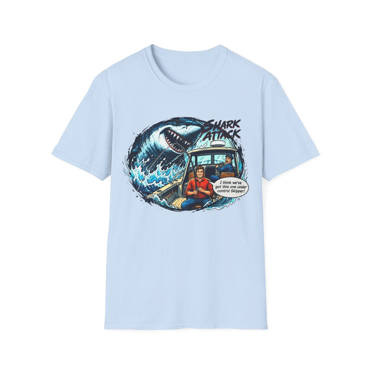 Shark Attack Fishing Graphic T-Shirt | Retro Boat Comic Humor Tee