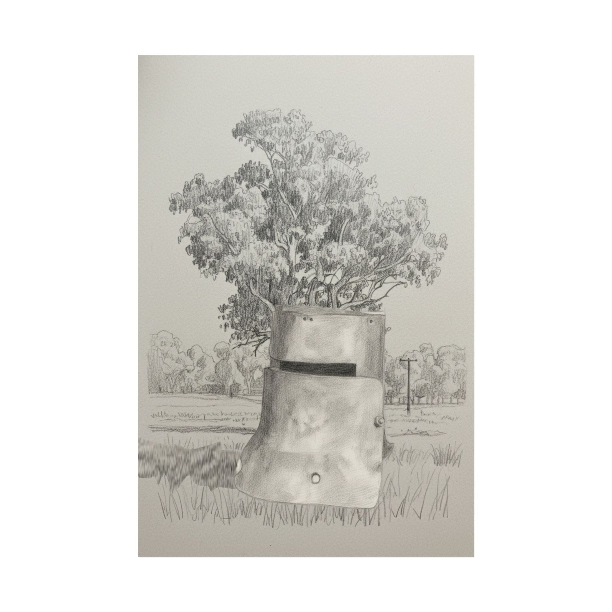 Ned Kelly Helmet & Ghost Gum – Australian Outback Pencil Sketch Poster - That Should Be on a T-Shirt