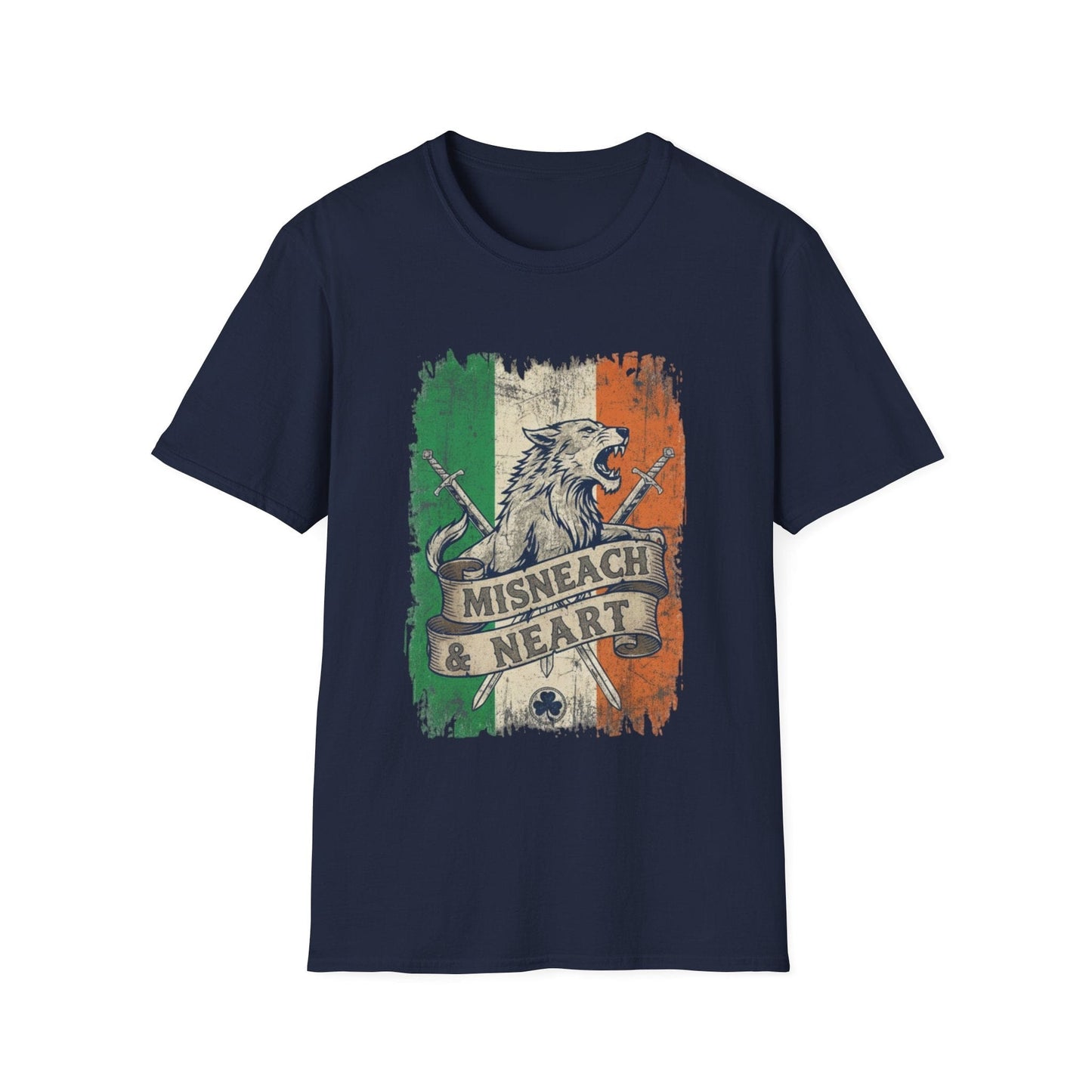 Irish Wolf Misneach & Neart T-Shirt - Distressed Ireland Flag Graphic Tee
Product Description