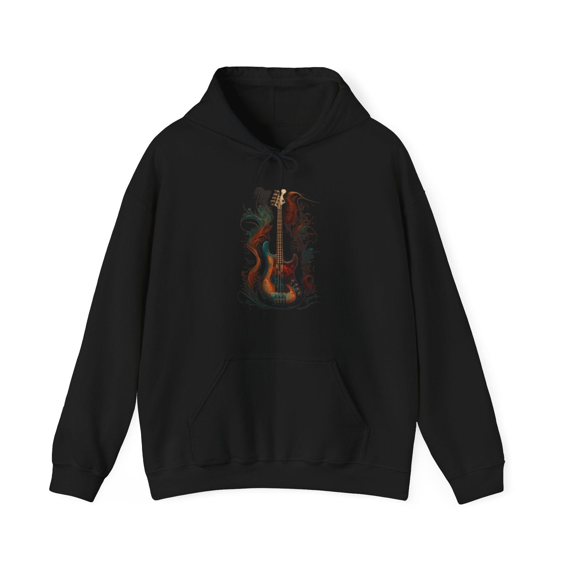 Black hoodie with a colorful bass guitar design on a white background
